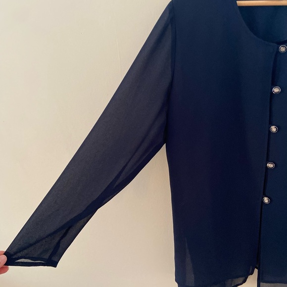 Vintage Women’s Bossbabe Navy Blue Button Down Semi-Sheer Sleeve Blouse - Picture 3 of 4